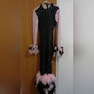 Fashion Nova Black and Pink Sequin Feather Mermaid Dress